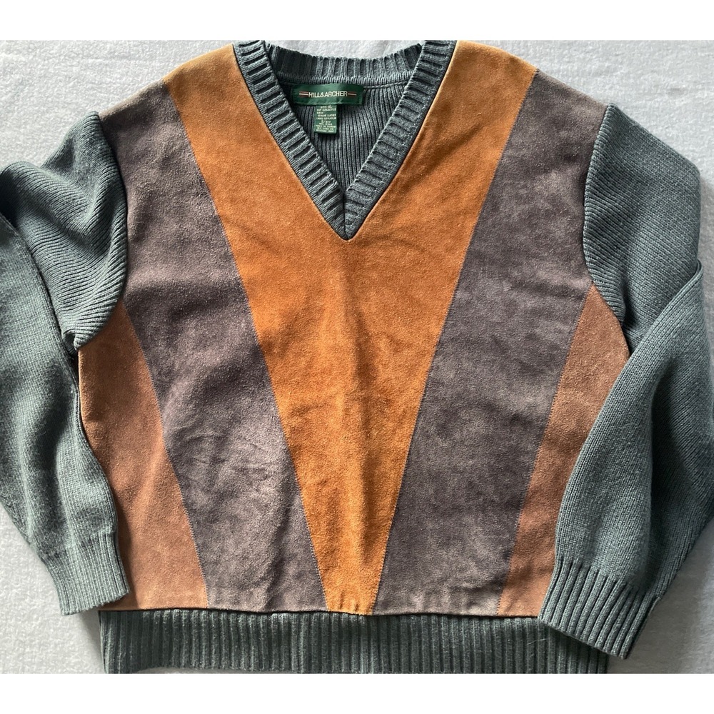 Vintage Hill &‎ Archer Sweater Mens XL  Grey Brown Leather Blend 90s